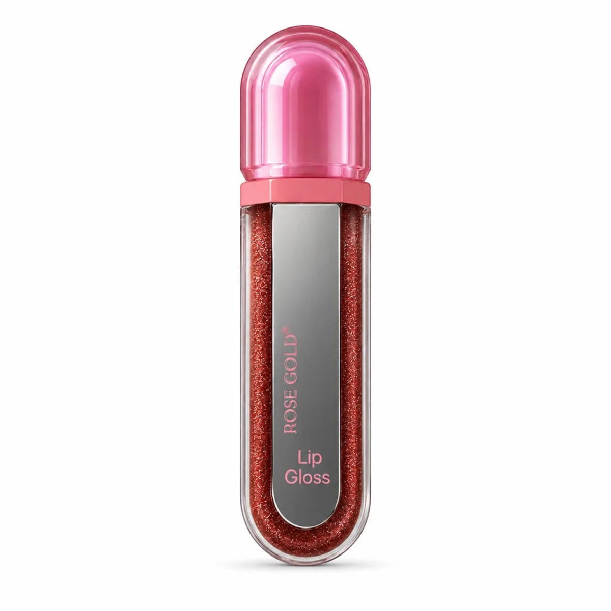 Marom shimmering rose gold lip gloss in a sleek transparent tube with a pink cap for a high-shine radiant finish.