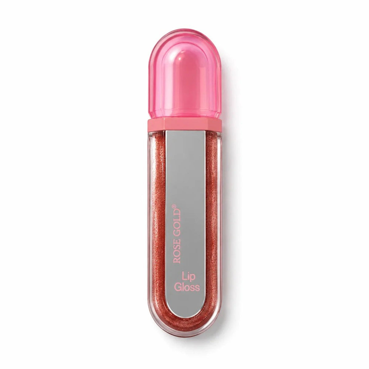 Marom rose gold shimmering lip gloss in a sleek, clear tube with a pink cap for a high-shine, luminous finish.