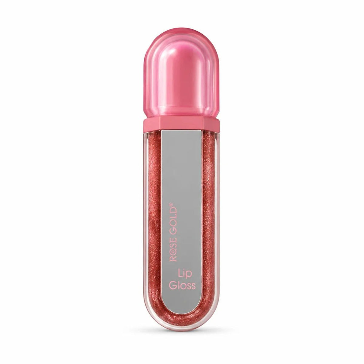 Marom shimmering rose gold lip gloss in a sleek, travel-friendly tube with a pink cap and high-shine finish.