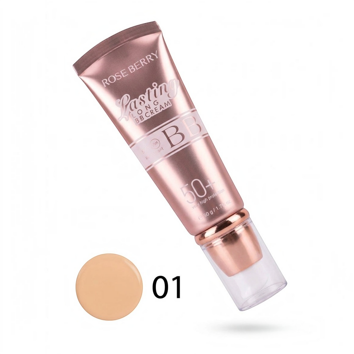 Marom Roseberry Lasting Long BB Cream in a metallic rose gold tube with SPF 50+ and a beige cream swatch labeled 01