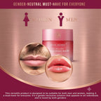 Marom RoseBerry berry-scented lip sleeping mask in a pink jar, shown with application results on male and female lips.