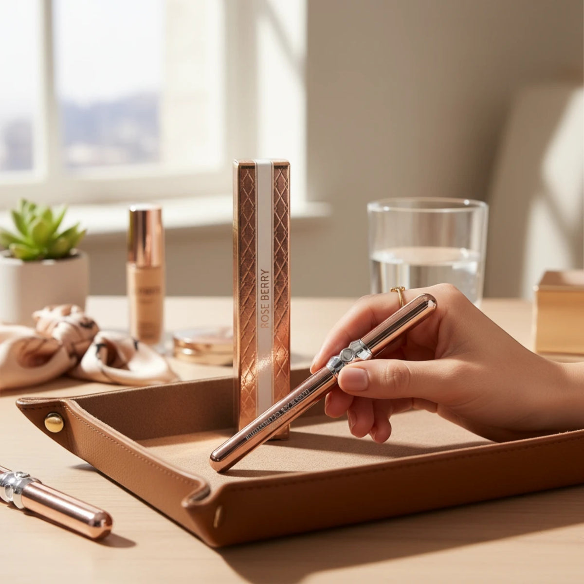 Marom RoseBerry ultra black eyeliner pencil in a rose-gold metallic casing held in hand on a tan leather tray.