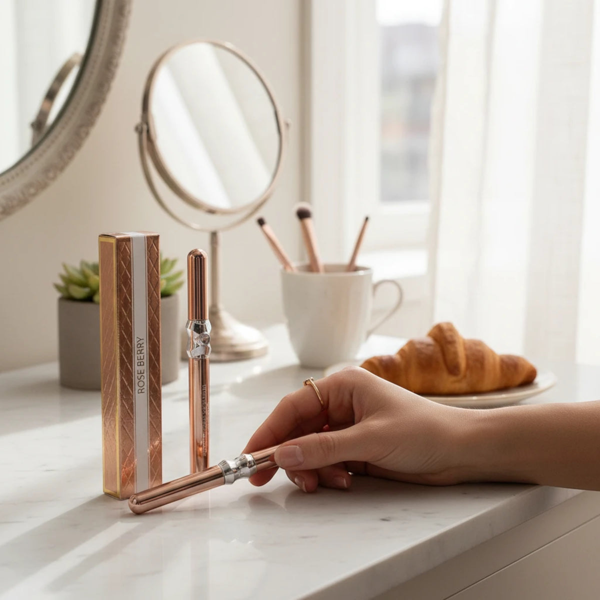 Marom RoseBerry ultra black eyeliner pencil in rose-gold casing held by a hand on a marble vanity with a mirror.
