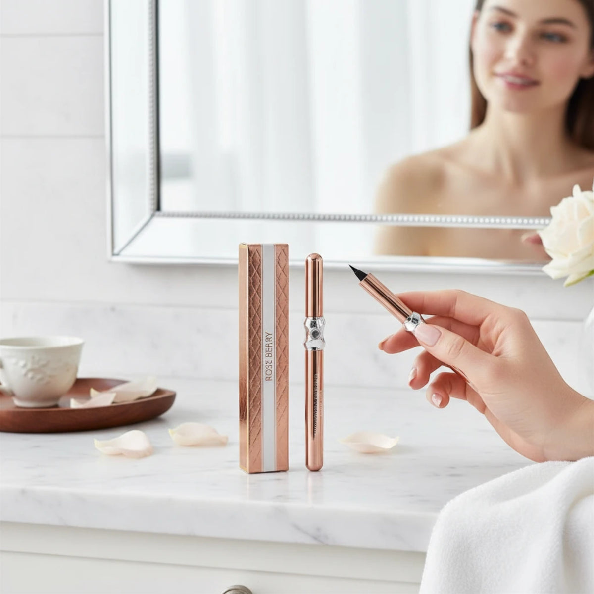 Marom RoseBerry ultra black eyeliner pencil in rose-gold metallic casing with its matching box on a marble vanity.