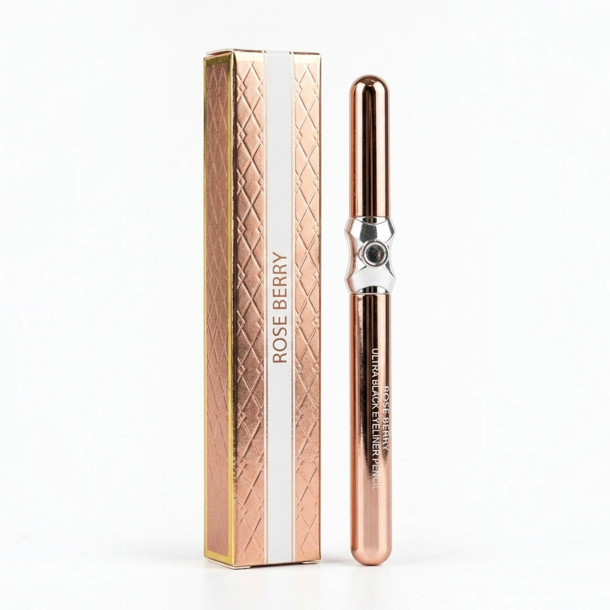 Marom RoseBerry ultra black eyeliner pencil in a metallic rose-gold casing next to its matching decorative box.