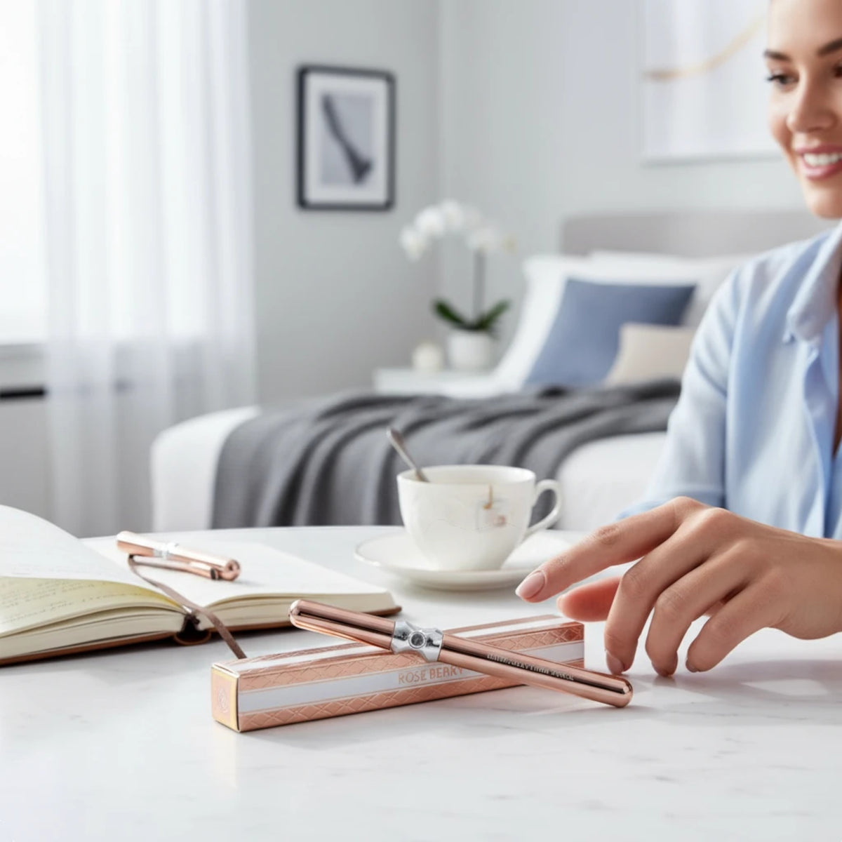 Marom RoseBerry ultra black eyeliner pencil in rose-gold metallic casing on a table with a woman in the background.