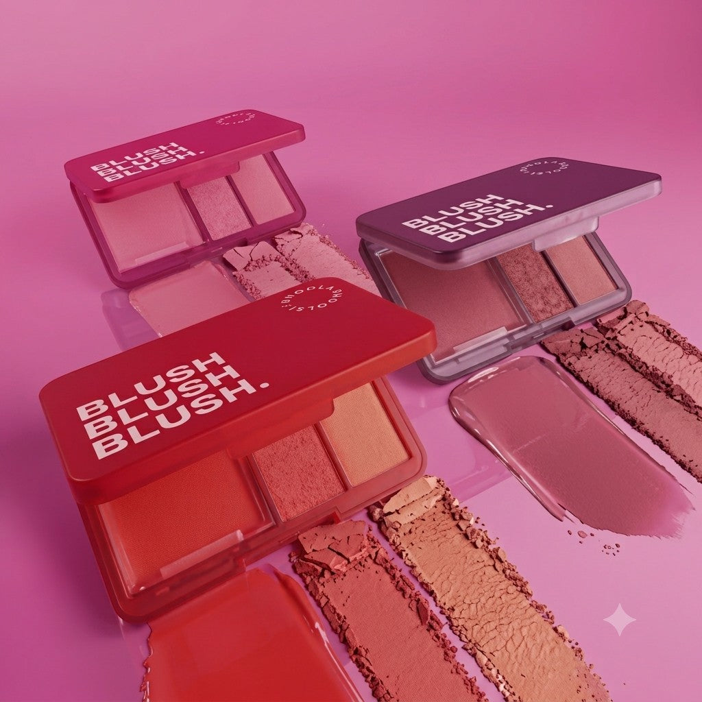 Marom Roseberry Blush palettes in red, pink, and purple with swatches on a pink background