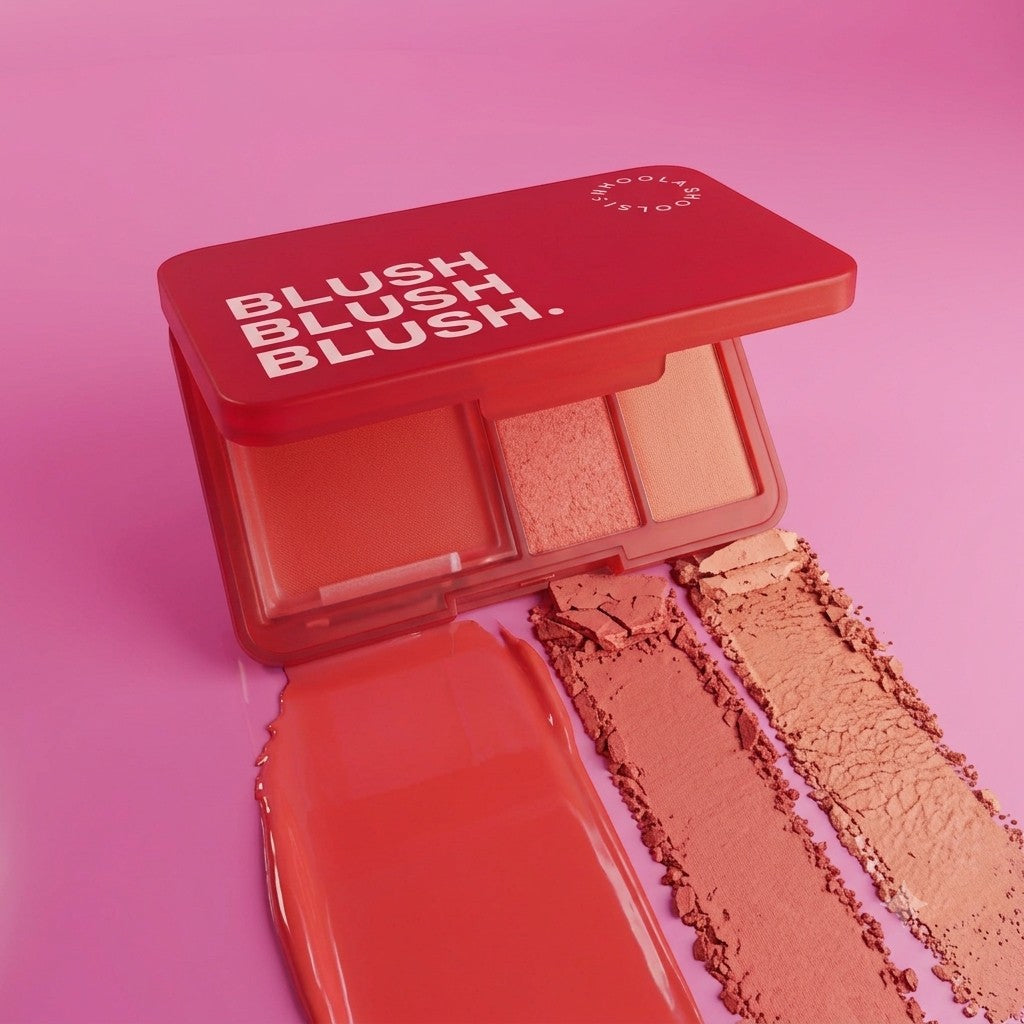 Marom Roseberry Blush palette in red and pink shades with powder swatches on a pink background