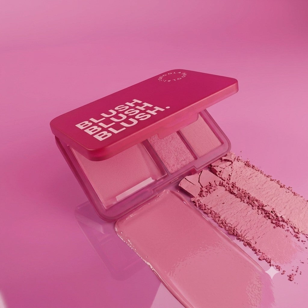 Marom Roseberry Blush palette with pink powder and cream textures on a matching pink background
