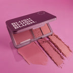 Marom RoseBerry Blush Blush palette with three pink and red powder shades and a creamy swatch on a matching pink background.