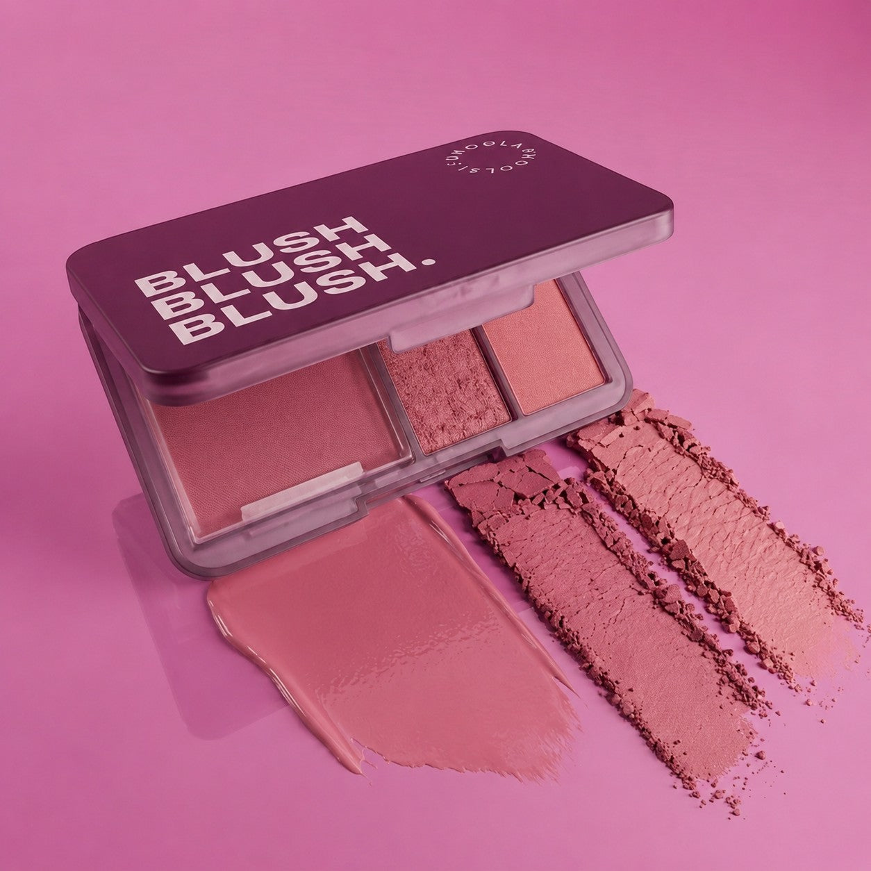 Marom Roseberry Blush palette with three pink and red powder shades and a creamy swatch on a matching pink background.