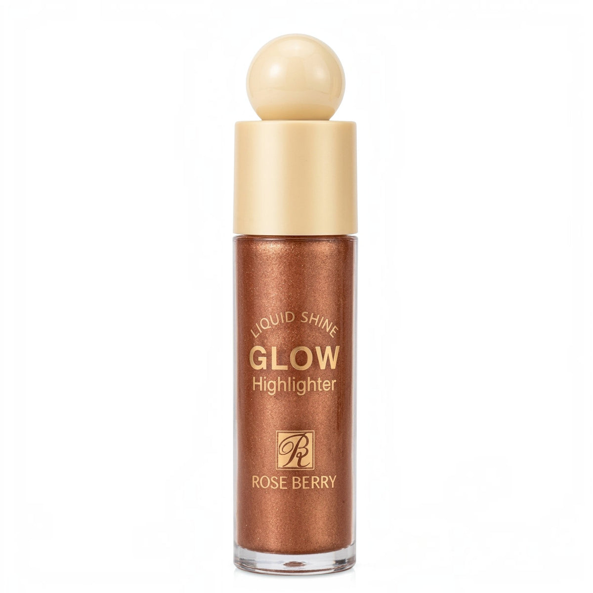 Marom ROSEBERRY Liquid Shine Glow Highlighter in a bronze shade with a gold cap, featuring a luminous liquid formula.