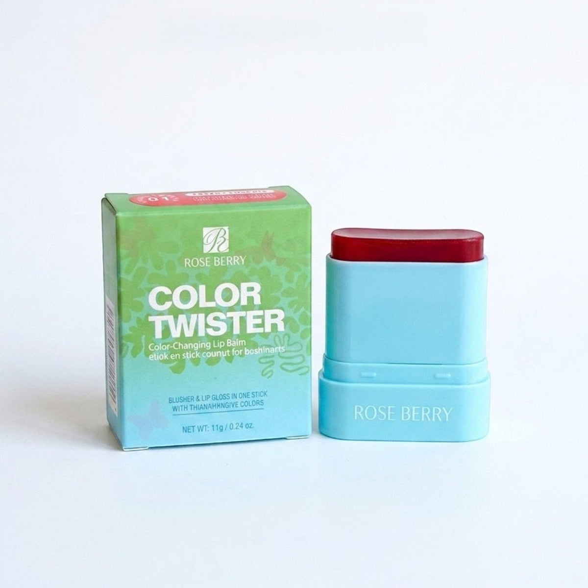 Marom Roseberry Color Twister cheek and lip oil stick with its green product box on a white background