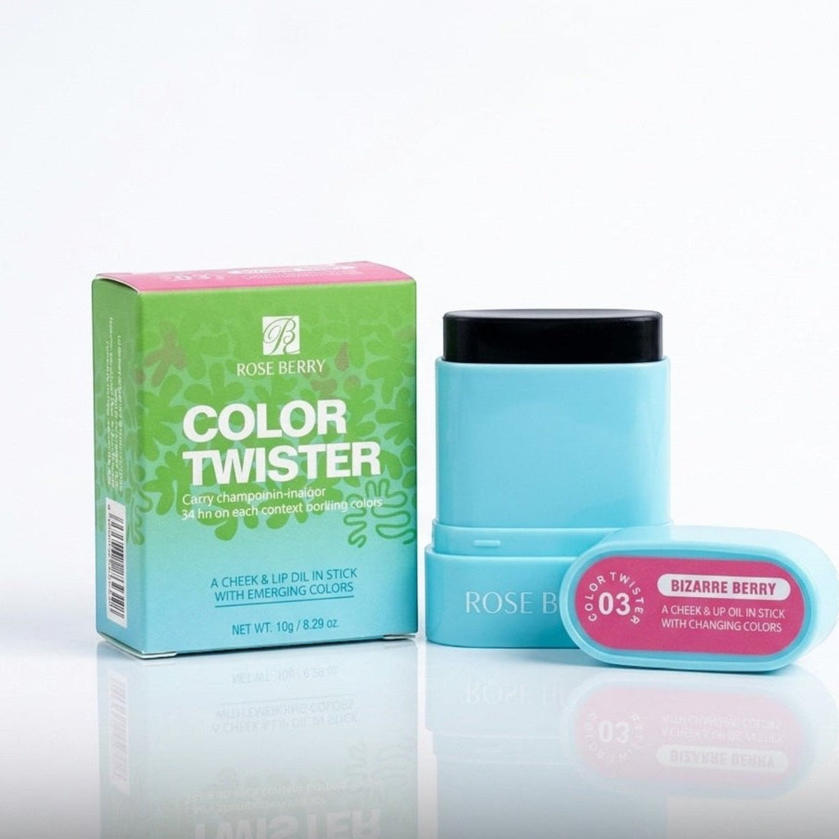 Marom Roseberry Color Twister cheek and lip oil stick in light blue packaging with a matching product box