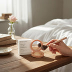 Marom ROSEBERRY Smooth as Silk golden highlighter powder compact with a makeup brush on a wooden table.