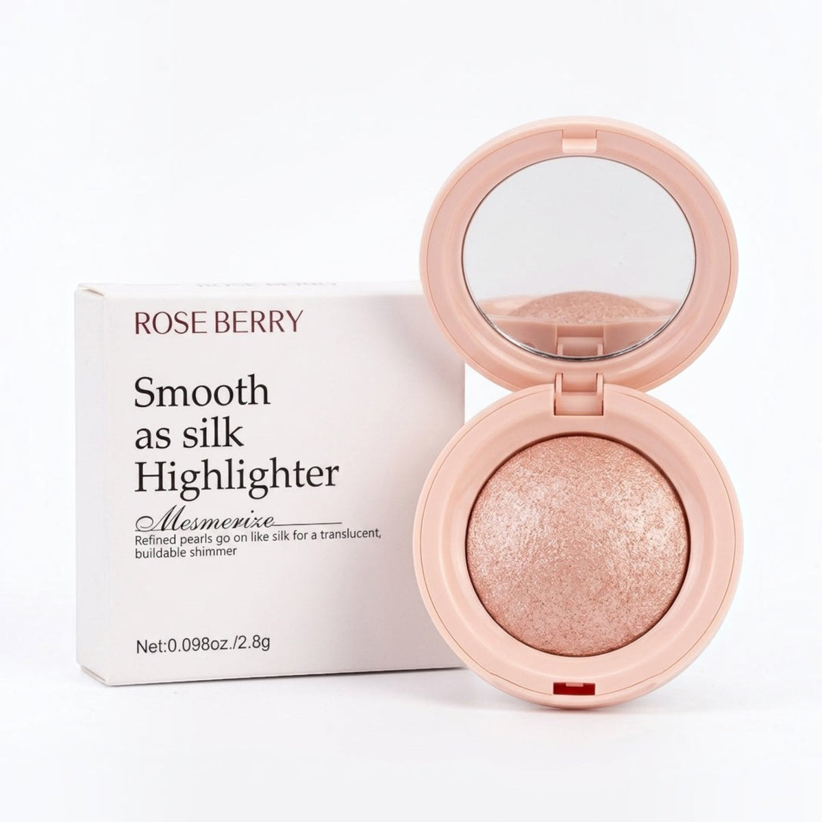 Marom ROSEBERRY Smooth as Silk golden highlighter powder in a round compact with a mirror and its white box.
