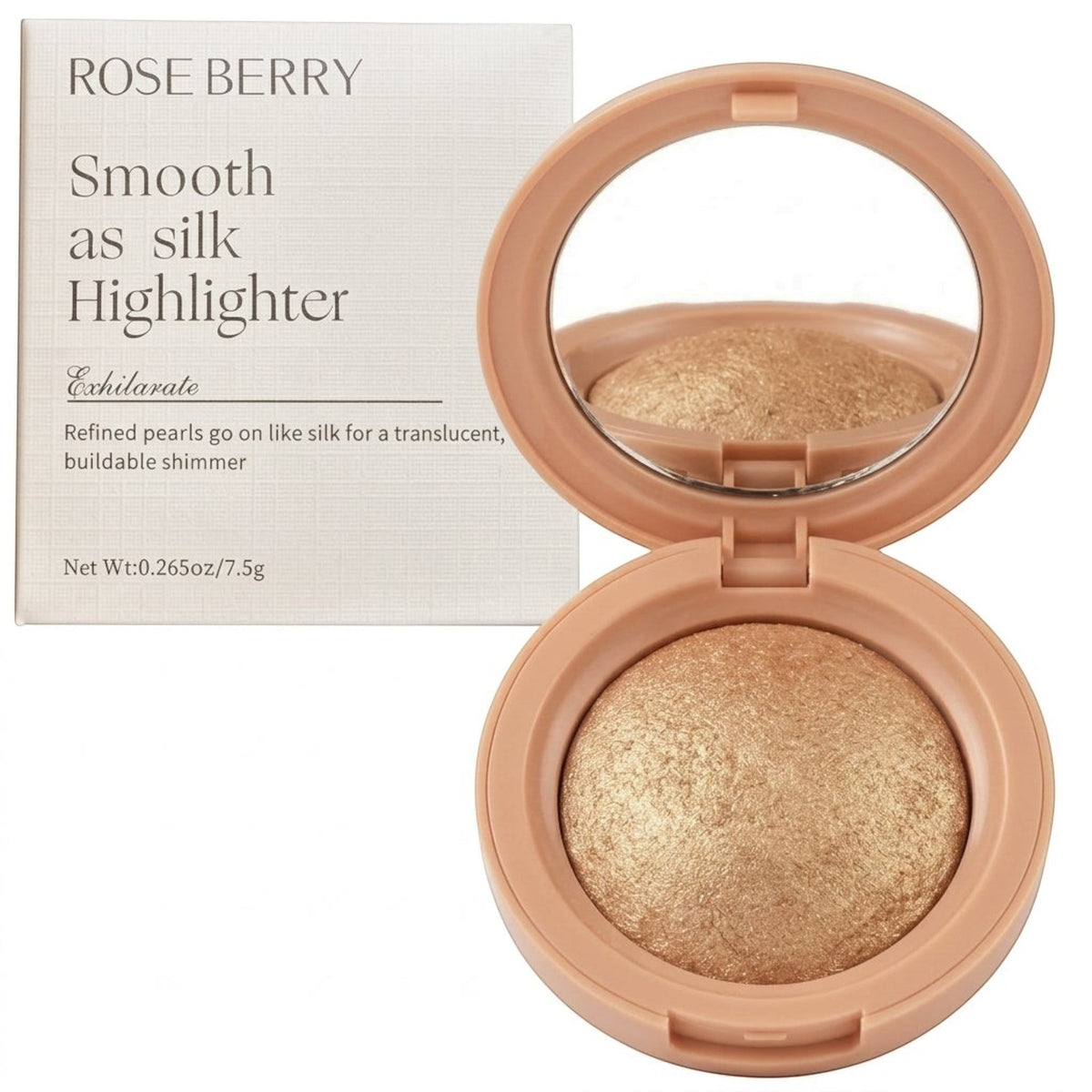 Marom ROSEBERRY Smooth as Silk golden highlighter powder in a round compact with a mirror and matching product box.