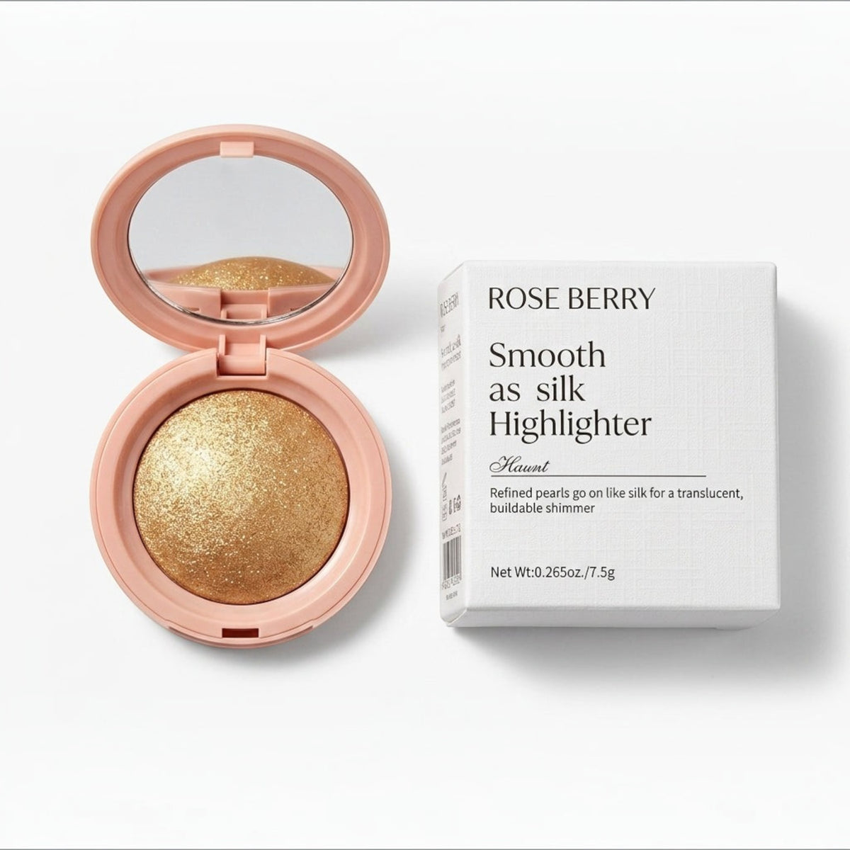Marom ROSEBERRY Smooth as Silk golden highlighter powder in a round peach compact with mirror and white box packaging