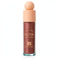 Marom ROSEBERRY liquid glow highlighter in a bronze shimmer shade with a peach cap in a clear glass bottle.