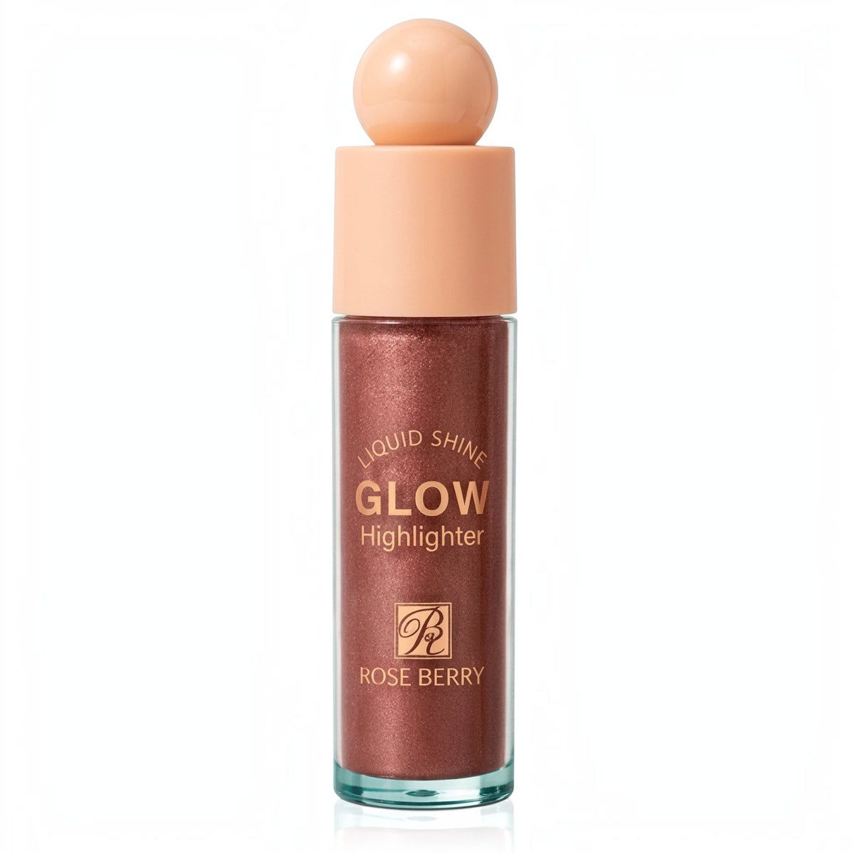 Marom ROSEBERRY liquid glow highlighter in a bronze shimmer shade with a peach cap in a clear glass bottle.