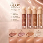 Marom ROSEBERRY liquid glow highlighters in four shades with swatches showing bronze, pink, gold, and champagne tones.