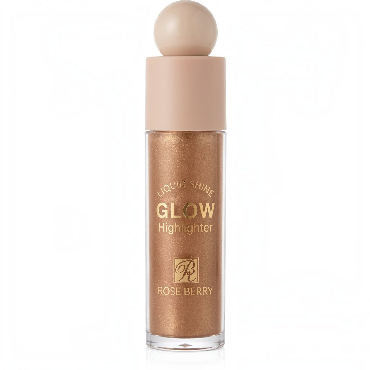 Marom Roseberry liquid shine glow highlighter in a bronze shimmer shade with a sleek cylindrical bottle design.