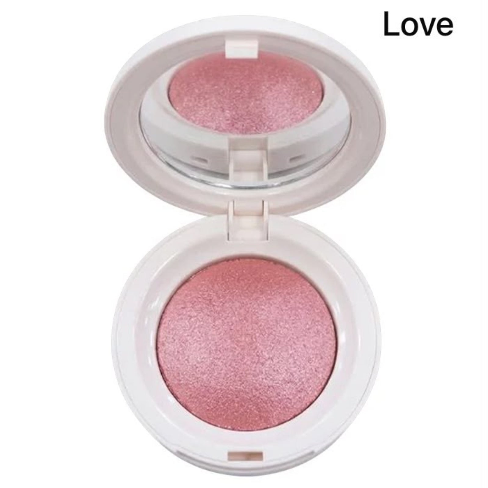 Marom Roseberry Seamlessly Blendable Blusher in Love shade, a shimmering pink powder compact with a built-in mirror.