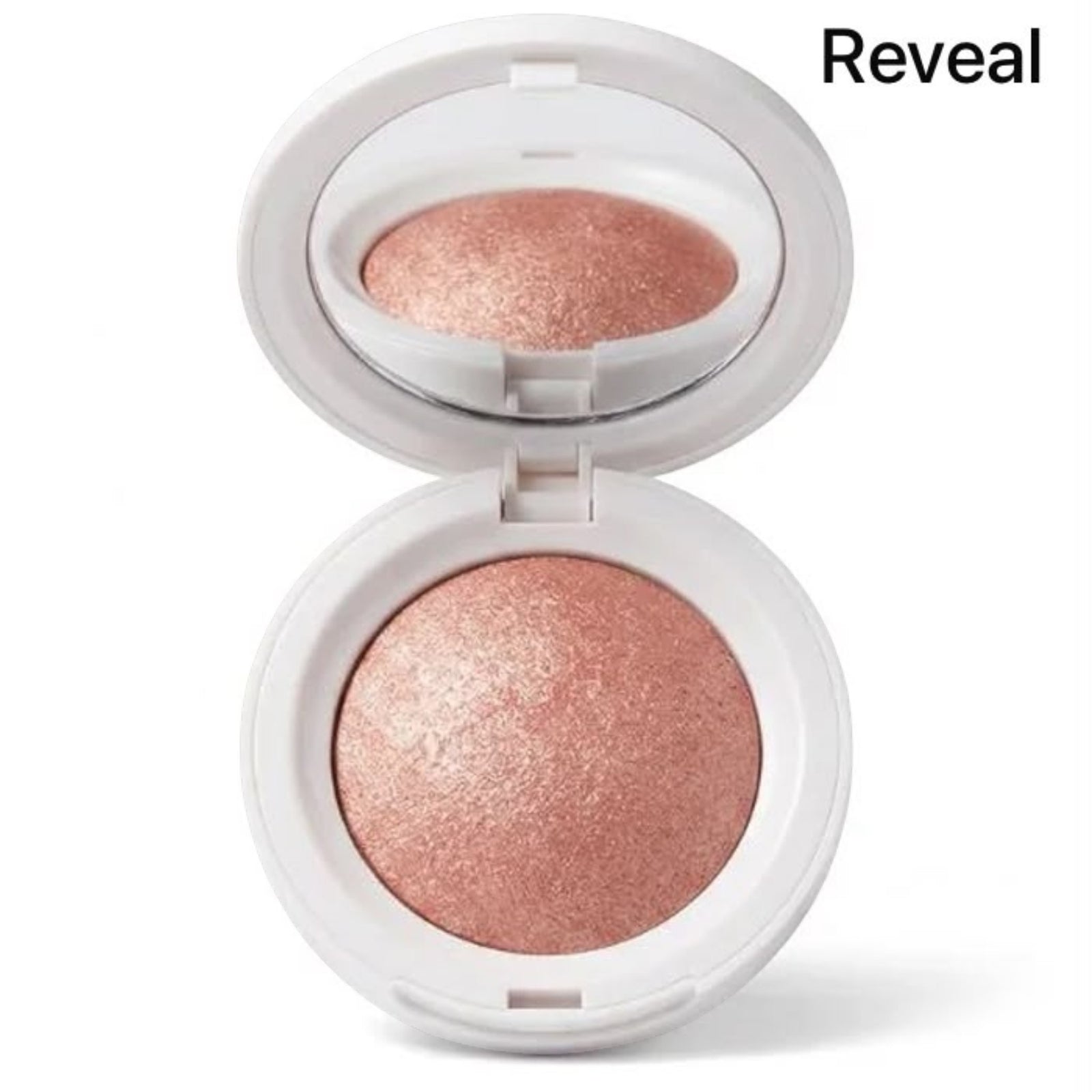 Marom Roseberry Seamlessly Blendable Blusher in Reveal shade, a shimmering peach powder in a white compact with mirror