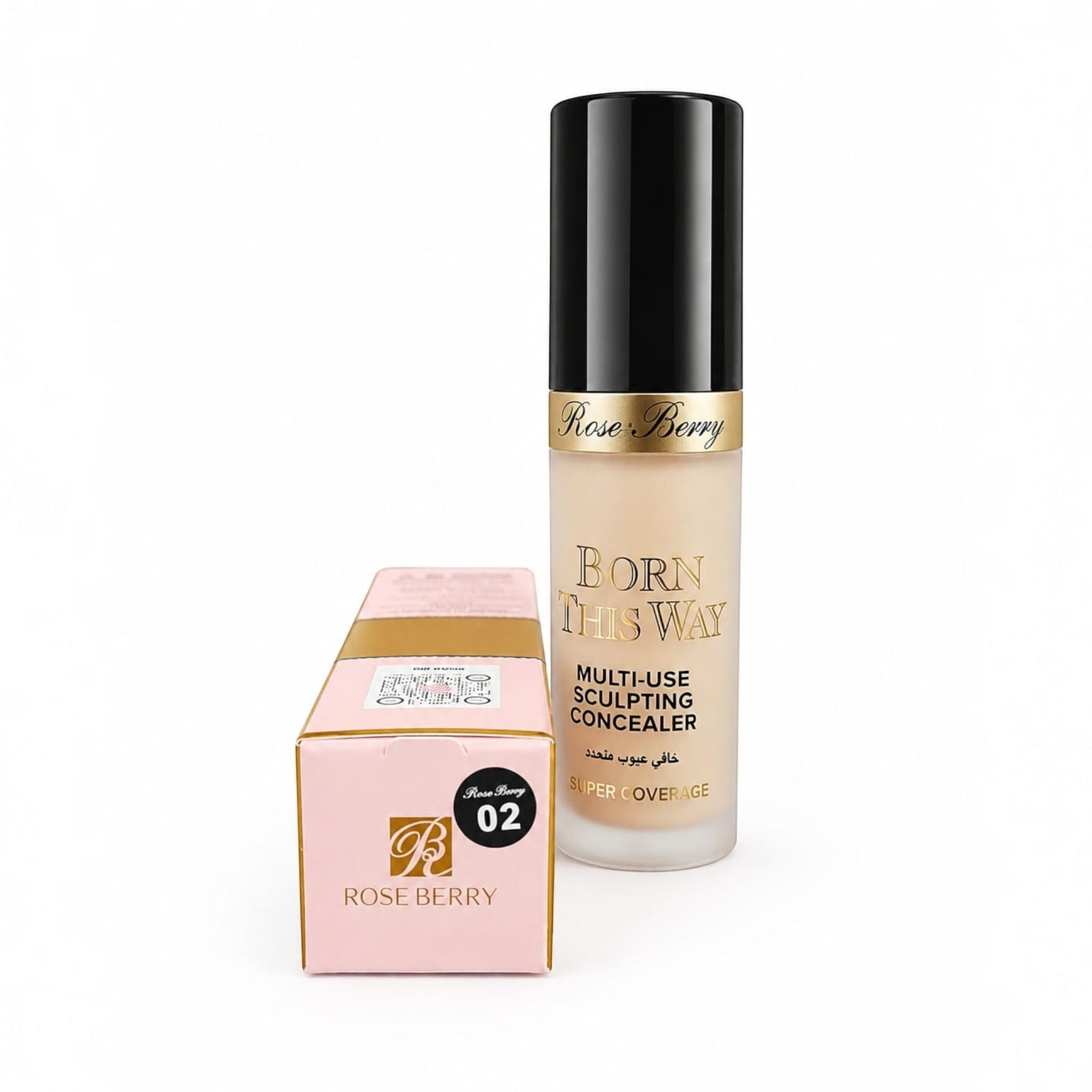Marom Roseberry Born This Way multi-use sculpting concealer bottle and pink packaging box in shade 02