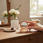 Marom ROSEBERRY Smooth as Silk golden highlighter powder in a compact with a mirror on a wooden vanity table.