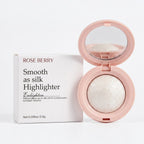 Marom ROSEBERRY Smooth as Silk highlighter powder in a round pink compact with mirror next to its white box