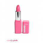 Marom Ruby Rose matte lipstick in Candy Pink shade with a sleek pink case and silver accents on a white background
