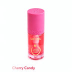 Marom Ruby Rose Cherry Candy lip oil in a clear bottle with a pink cap, providing deep hydration and glossy finish.