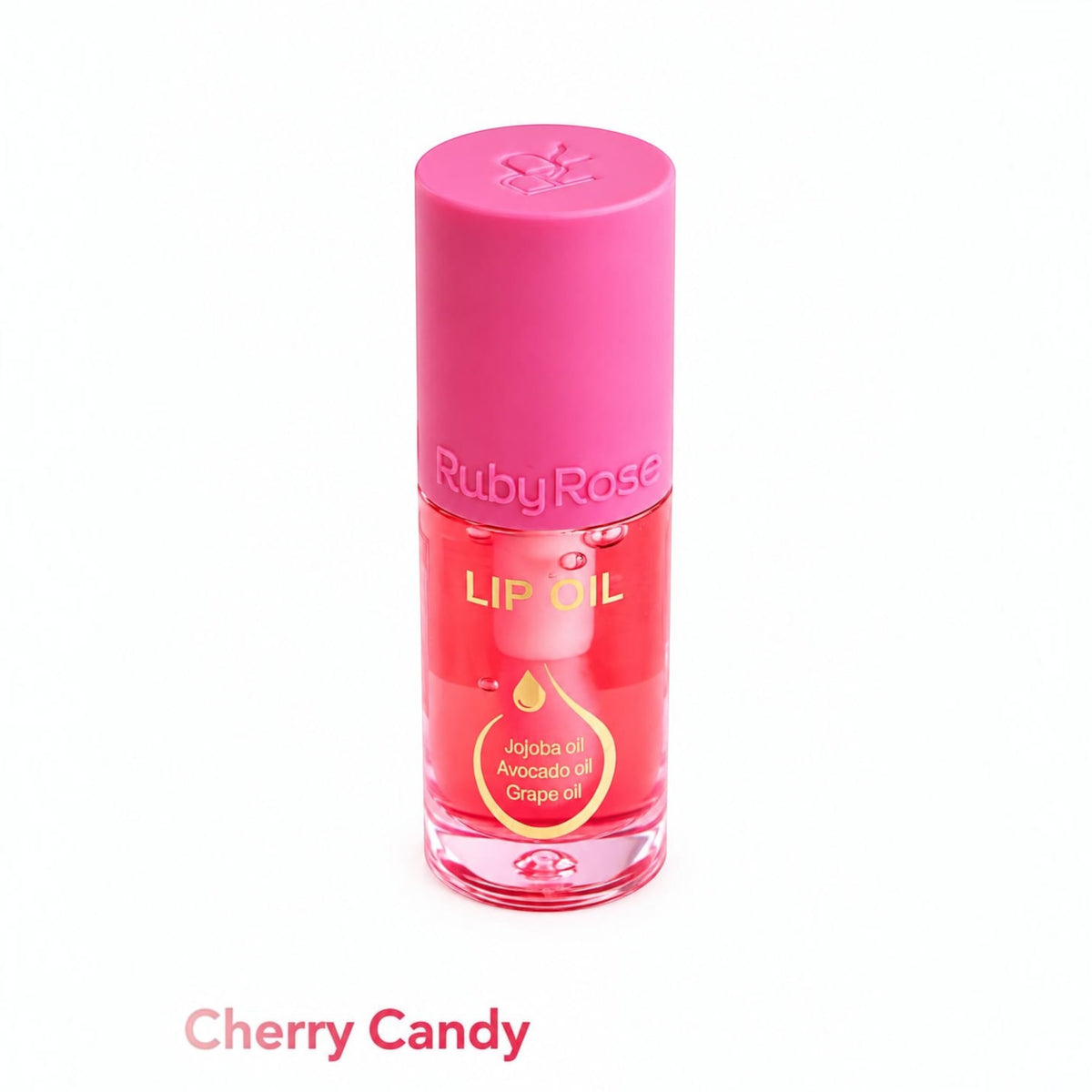 Marom Ruby Rose Cherry Candy lip oil in a clear bottle with a pink cap, providing deep hydration and glossy finish.