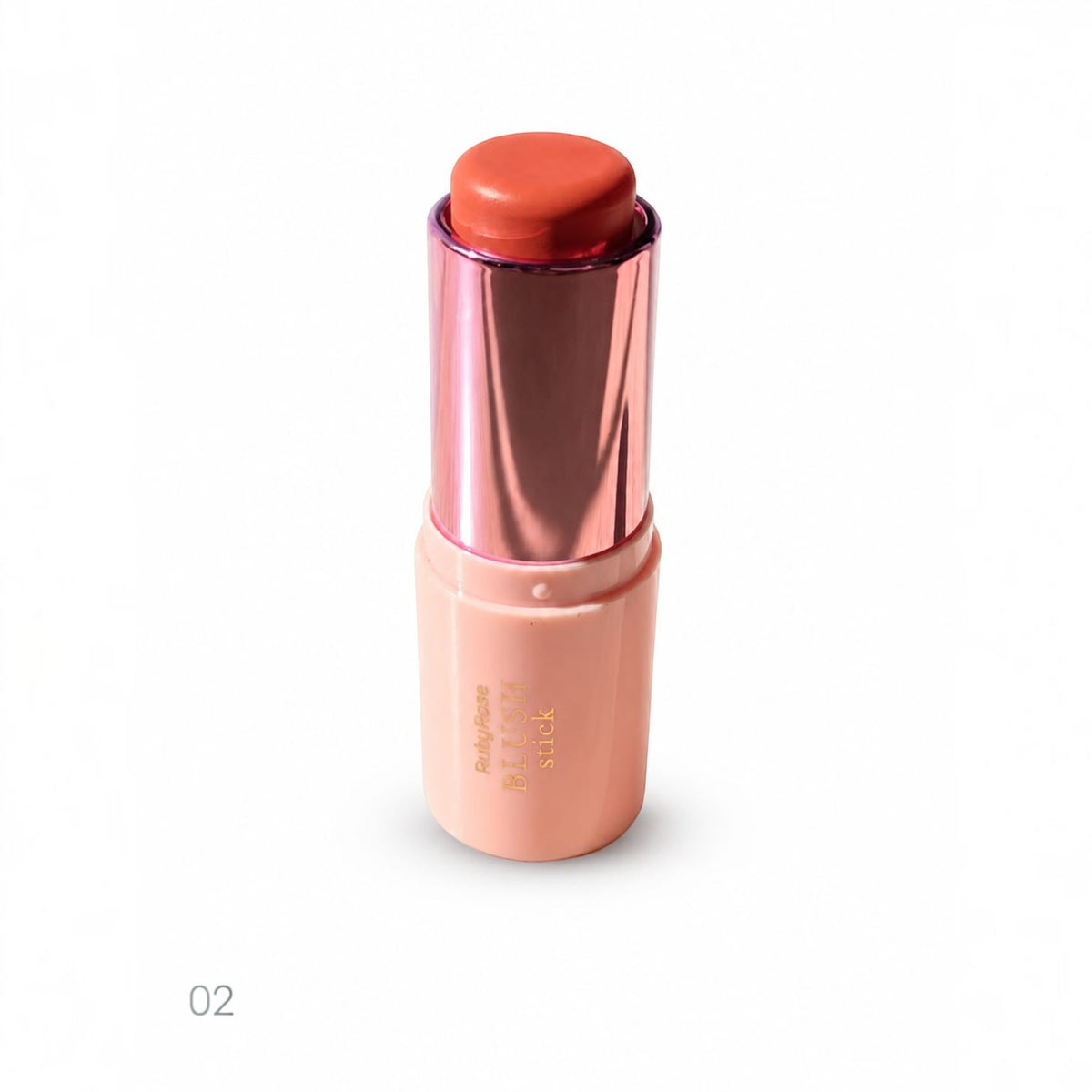 Marom Ruby Rose creamy blush stick in shade 02 with a pink metallic cap and peach-toned twist-up applicator