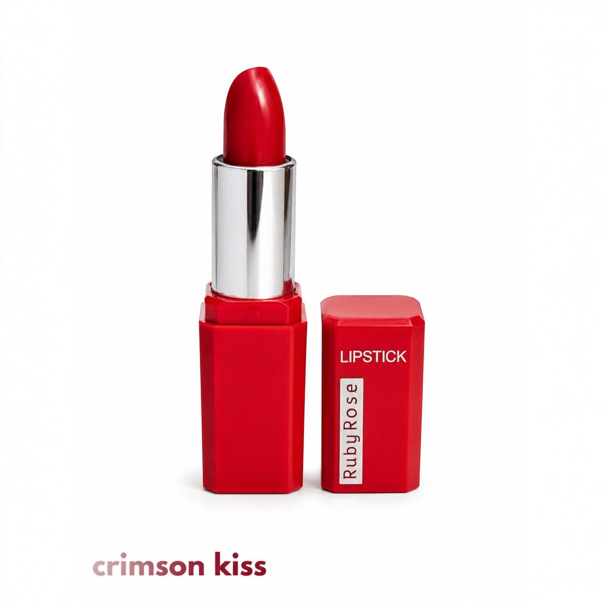 Marom Ruby Rose matte lipstick in Crimson Kiss, a vibrant red shade in a sleek, modern red case.