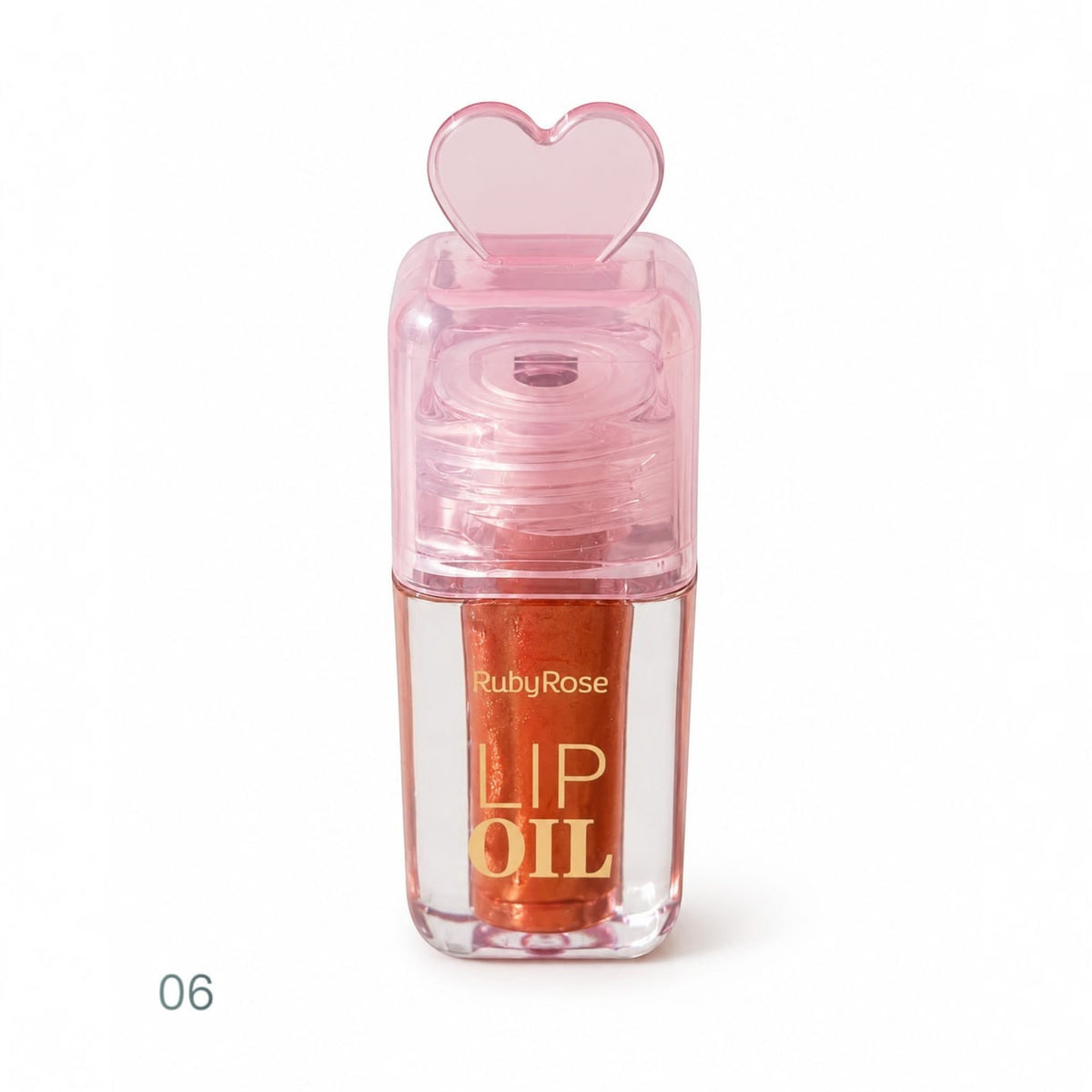 Marom Ruby Rose hydrating lip oil in shade 06 with a clear bottle and a cute pink heart-shaped applicator cap