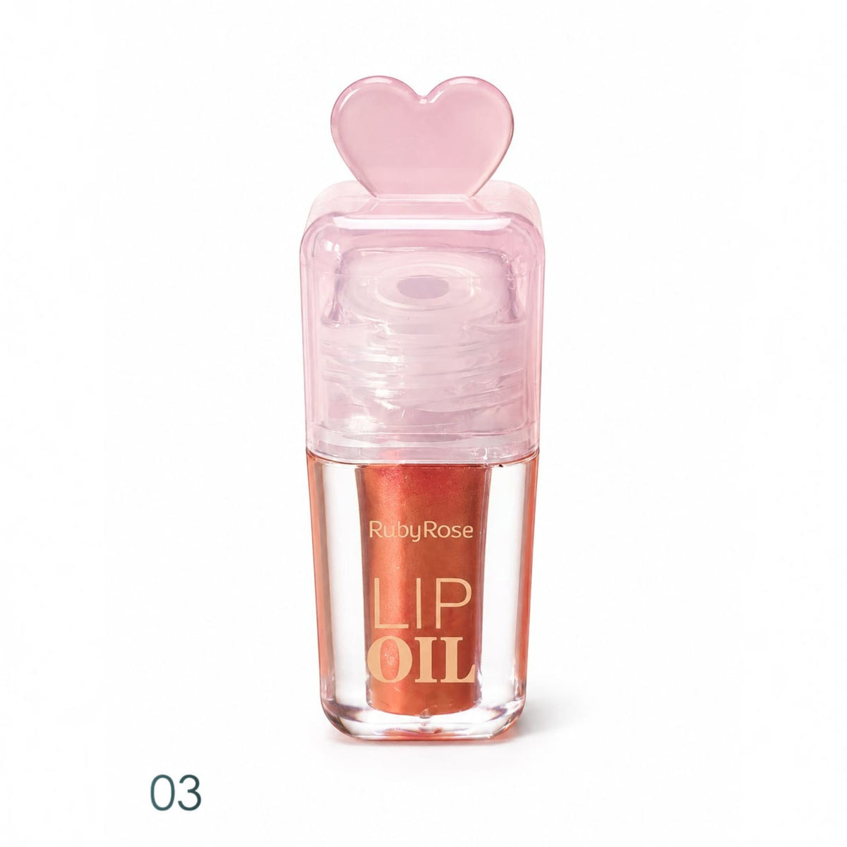 Marom Ruby Rose hydrating lip oil in shade 03 with a clear bottle and a cute pink heart-shaped applicator cap.