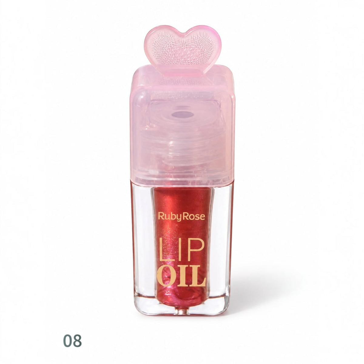 Marom Ruby Rose hydrating lip oil in shade 08 with a clear bottle and a pink heart-shaped applicator cap.