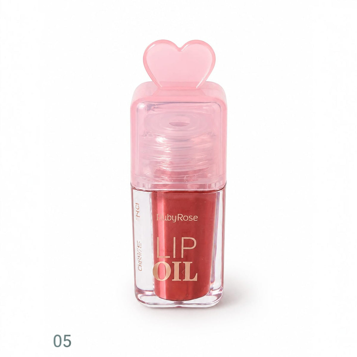 Marom Ruby Rose hydrating lip oil in a clear bottle with a pink heart-shaped cap and a deep red tinted formula.