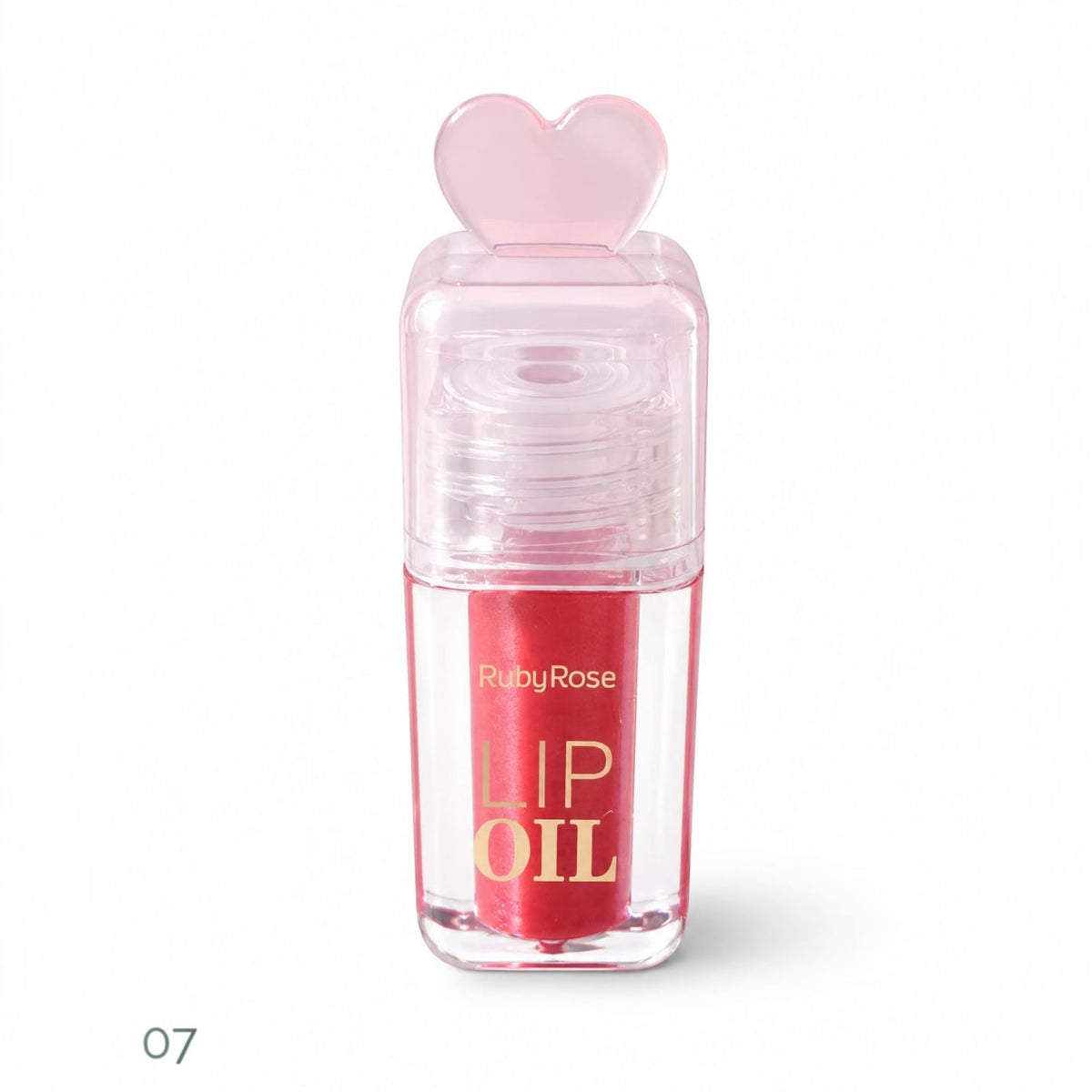 Marom Ruby Rose hydrating lip oil in shade 07 with a clear bottle and a cute pink heart-shaped applicator cap.