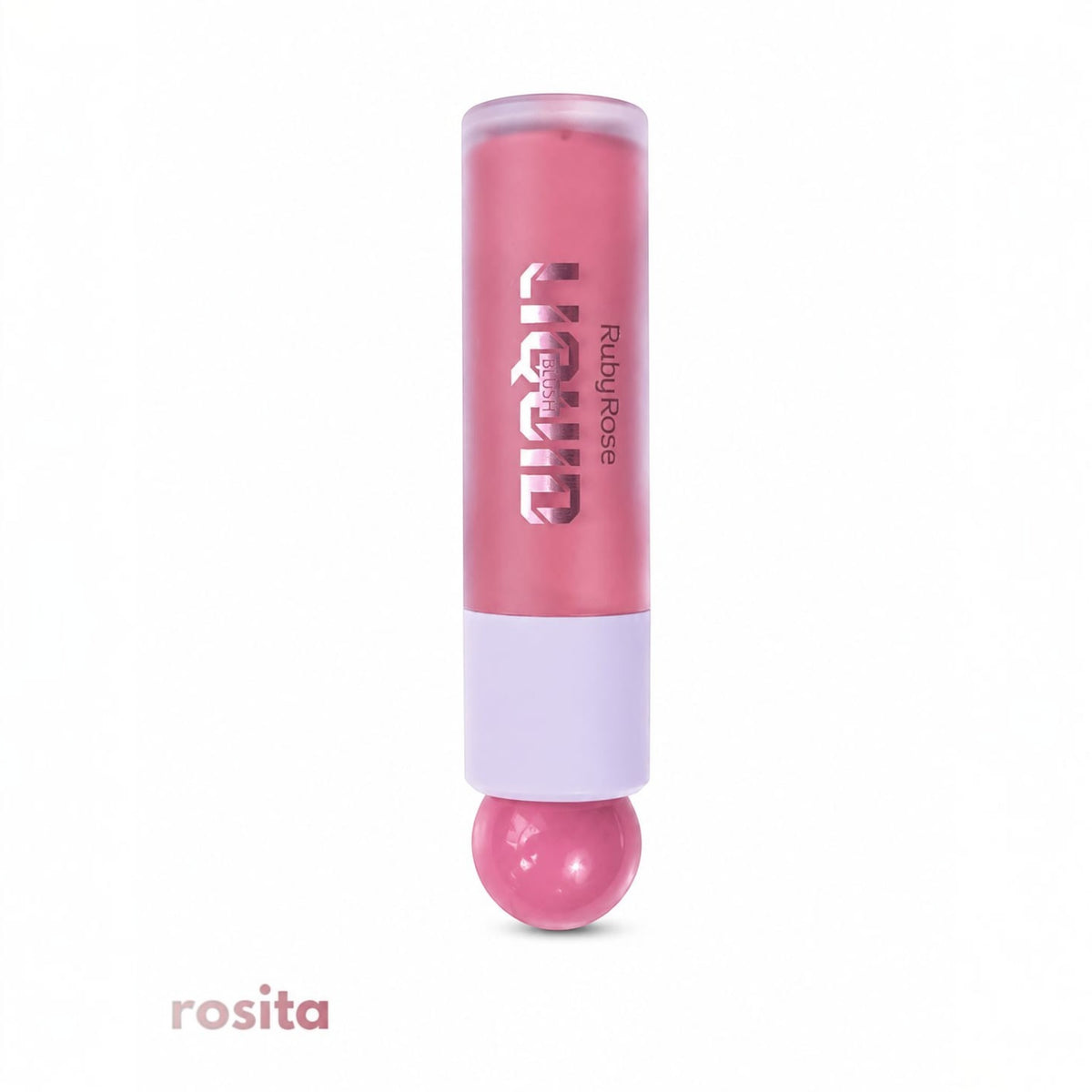Marom Ruby Rose liquid blush in a pink shade with a unique round applicator in a sleek travel-friendly tube