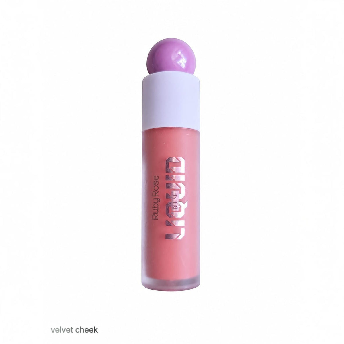 Marom Ruby Rose liquid blush in a soft pink shade with a round purple cap and clear applicator bottle