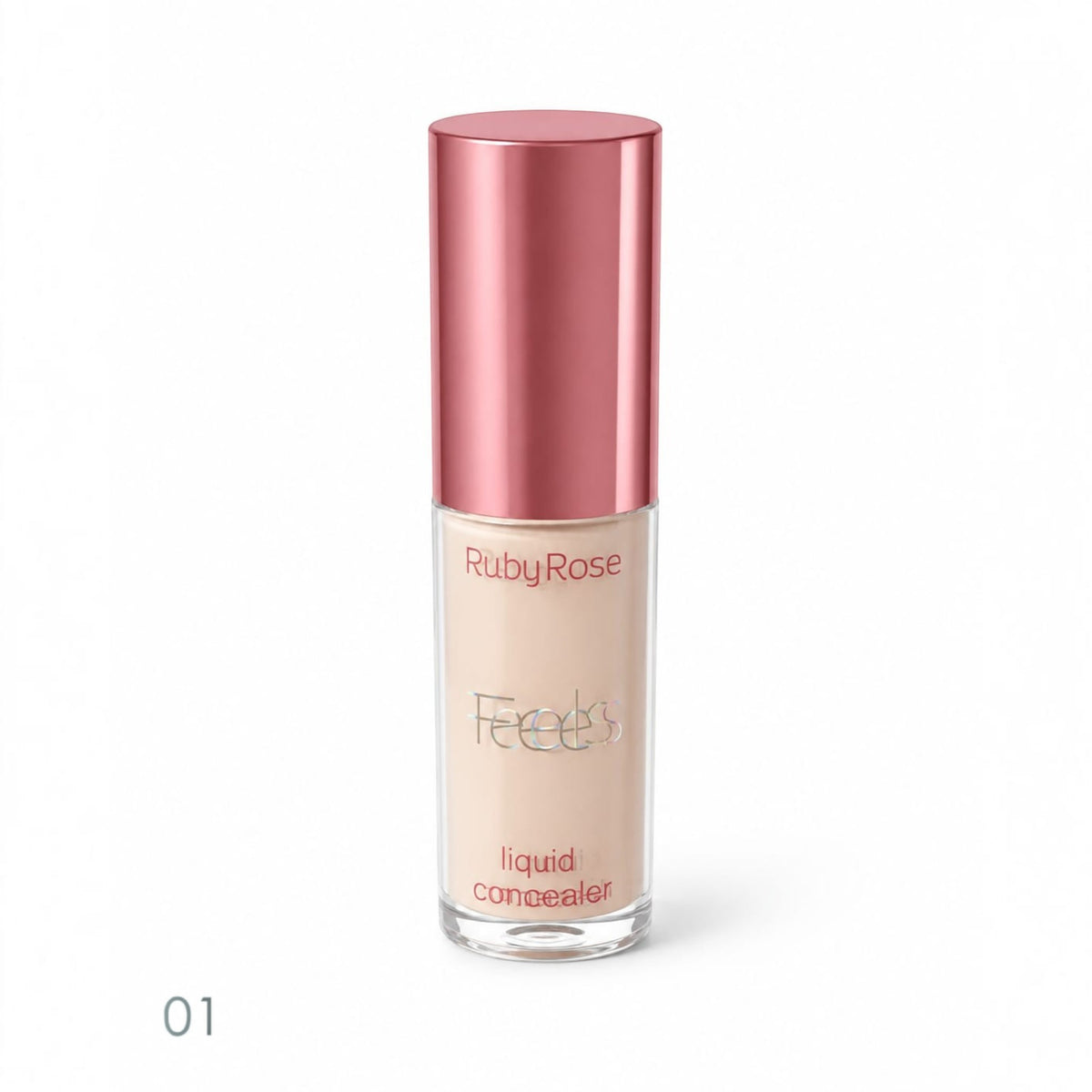 Marom Ruby Rose Feels liquid concealer in shade 01 with a metallic pink cap and clear glass bottle.