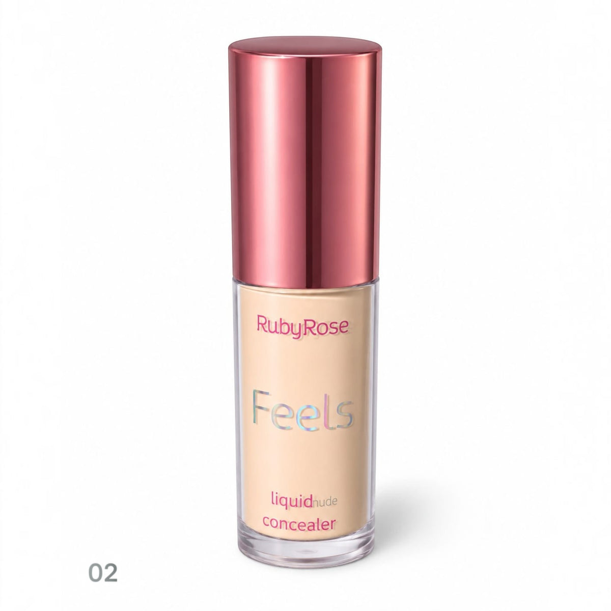 Marom Ruby Rose Feels liquid concealer in shade 02 with a sleek bottle and metallic pink cap for high coverage.