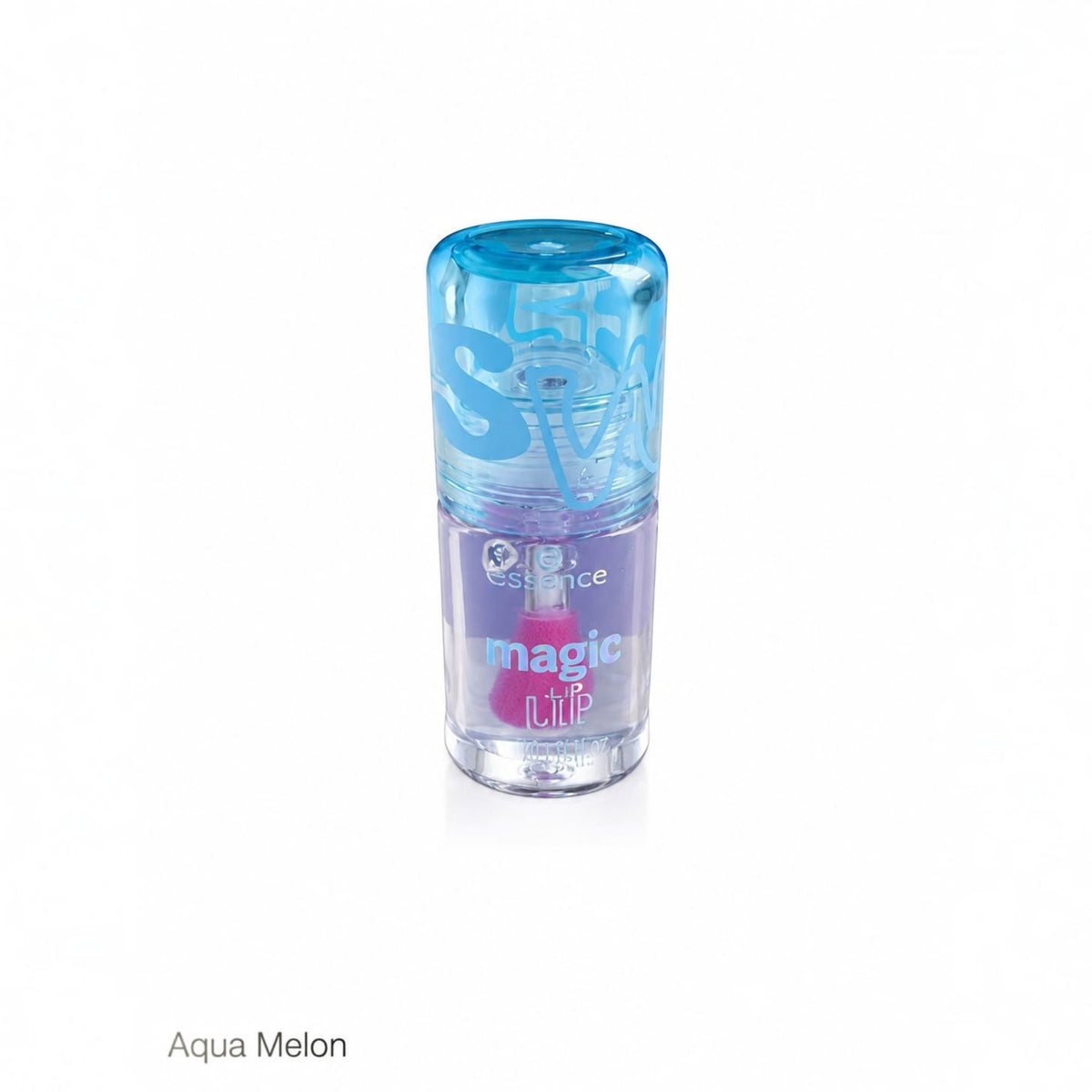 Marom Ruby Rose Magic Lip Oil in Aqua Melon with a clear bottle, blue cap, and pink applicator brush.