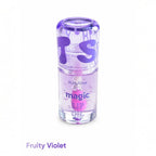 Marom Ruby Rose Magic Lip Oil in Fruity Violet with a clear bottle, purple cap, and pink applicator wand.