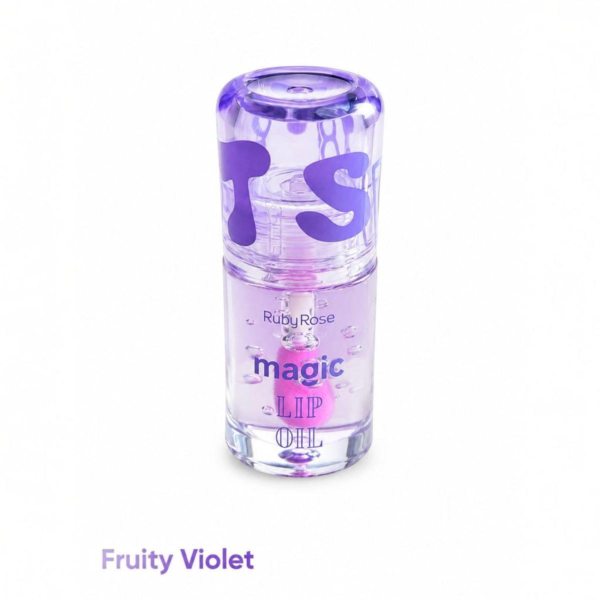 Marom Ruby Rose Magic Lip Oil in Fruity Violet with a clear bottle, purple cap, and pink applicator wand.