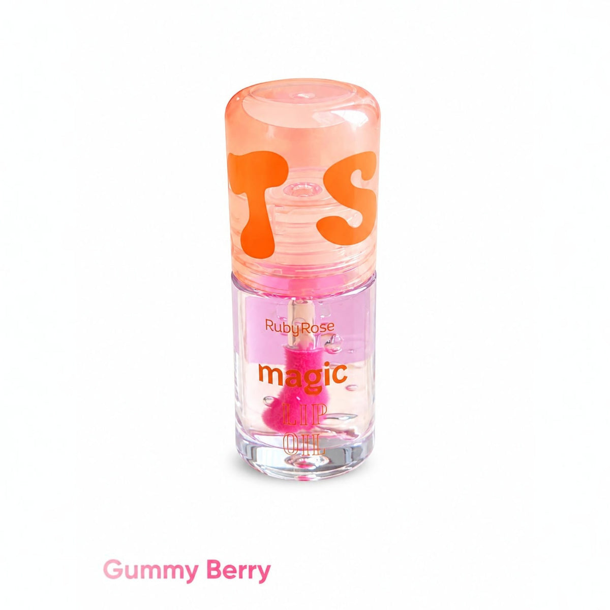 Marom Ruby Rose Magic Lip Oil in Gummy Berry with a clear bottle, pink applicator, and orange cap.