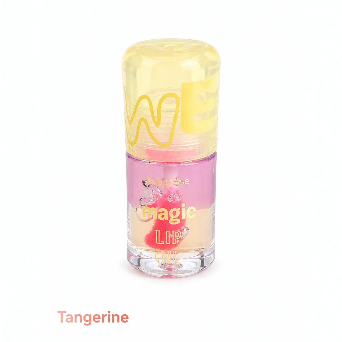 Marom Ruby Rose Magic Lip Oil in Tangerine with a color-adapting formula and glassy shine in a clear bottle